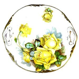Antique/Vintage Prov Sxe ES Germany Handled Cake Plate Yellow Roses Gold Trim